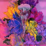 A hand-sculpted silver filigree bird skull nestled in a riot of colourful 3d flowers, hand-stitched to the frame