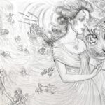 Pencil drawing of a woman supporting a wounded tiger, her dress flows into water behind her, as several figures in distress are carried away.