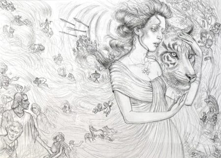 Pencil drawing of a woman supporting a wounded tiger, her dress flows into water behind her, as several figures in distress are carried away.