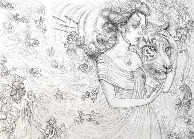 Pencil drawing of a woman supporting a wounded tiger, her dress flows into water behind her, as several figures in distress are carried away.