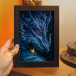 A framed painting illustrating a portrait of a golden cyan dragon
