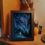 A framed painting illustrating a portrait of a golden cyan dragon