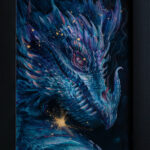 A framed painting illustrating a portrait of a golden cyan dragon