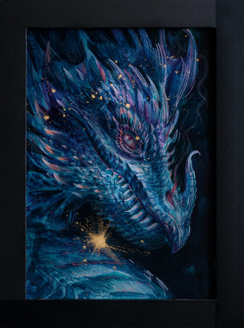 A framed painting illustrating a portrait of a golden cyan dragon