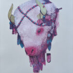 a 16"x20" acrylic painting of a white bison's head. Its horns are "colored" with gold leaf. It also has colors of pink and blue. Many ephemeral objects, such as pom pom's, feathers, fuzzy dice, a cb radio, a cowbell and more hang in its fur.