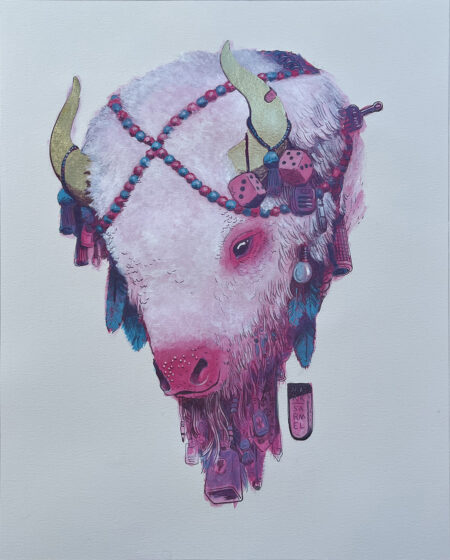 a 16"x20" acrylic painting of a white bison's head. Its horns are "colored" with gold leaf. It also has colors of pink and blue. Many ephemeral objects, such as pom pom's, feathers, fuzzy dice, a cb radio, a cowbell and more hang in its fur.
