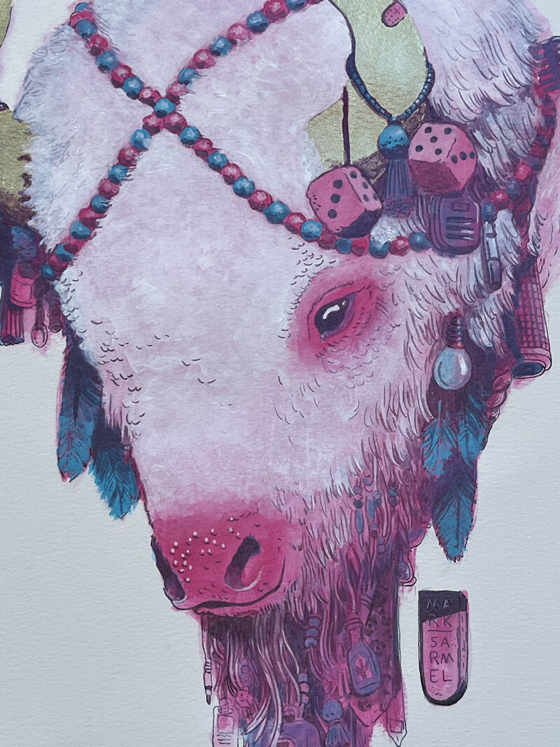 A close up of the Sacred Buffalo painting. It shows the buffalo's head and the many decorative elements such as pom poms, fuzzy dice, feathers and other ephemera.