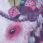 A detail image of a painting of a white bison. This detail image is of the bison's horn. It is decorated with pom poms, pink fuzzy dice, a whistle, a light bulb and cb radio and other random ephemera.