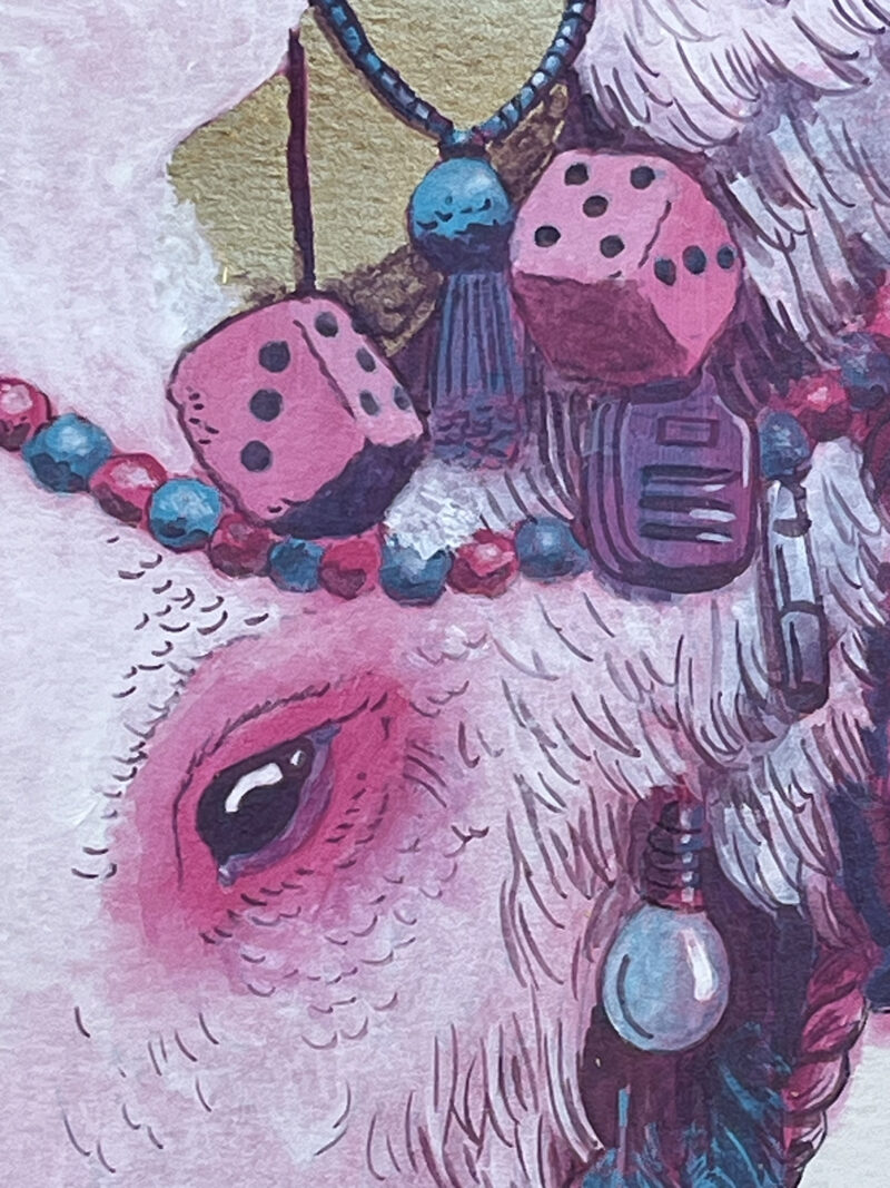 A detail image of a painting of a white bison. This detail image is of the bison's horn. It is decorated with pom poms, pink fuzzy dice, a whistle, a light bulb and cb radio and other random ephemera.