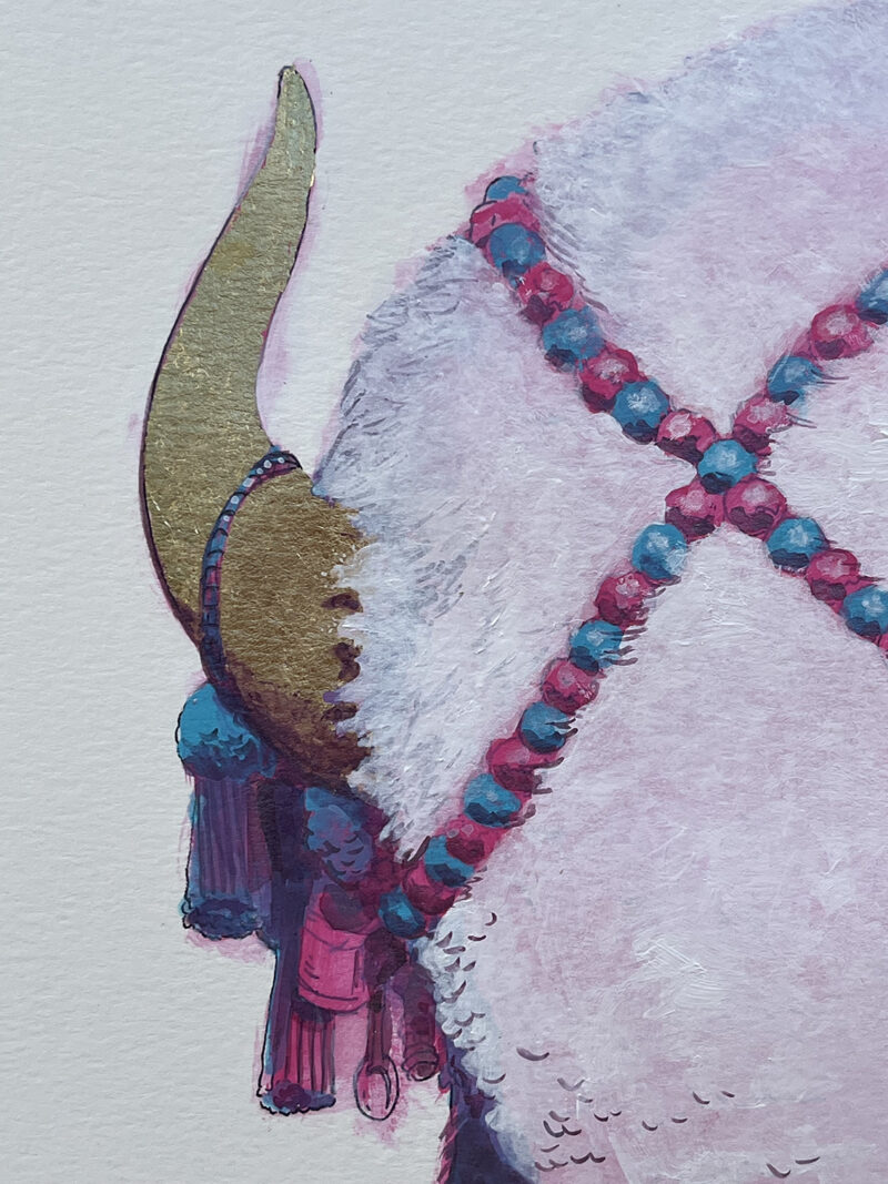 A detail image of a painting of a white bison. This detail image is of the bison's horn. It is decorated with pom poms and random ephemera.