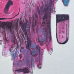 A detail image of a painting of a white bison. shown here is the bison's beard with long hair hanging from its chin. Braided into the hair are many ephemeral objects such as a workplace badge, a single die, beads, a cowbell, and more.