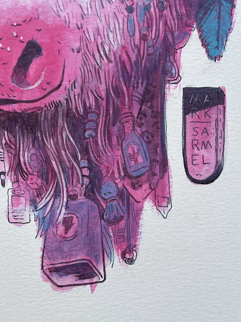 A detail image of a painting of a white bison. shown here is the bison's beard with long hair hanging from its chin. Braided into the hair are many ephemeral objects such as a workplace badge, a single die, beads, a cowbell, and more.