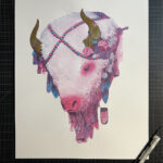A studio image of the Sacred Buffalo painting. It is a 16"x20" acrylic, India ink and gold leaf painting on Strathmore cold press watercolor paper.