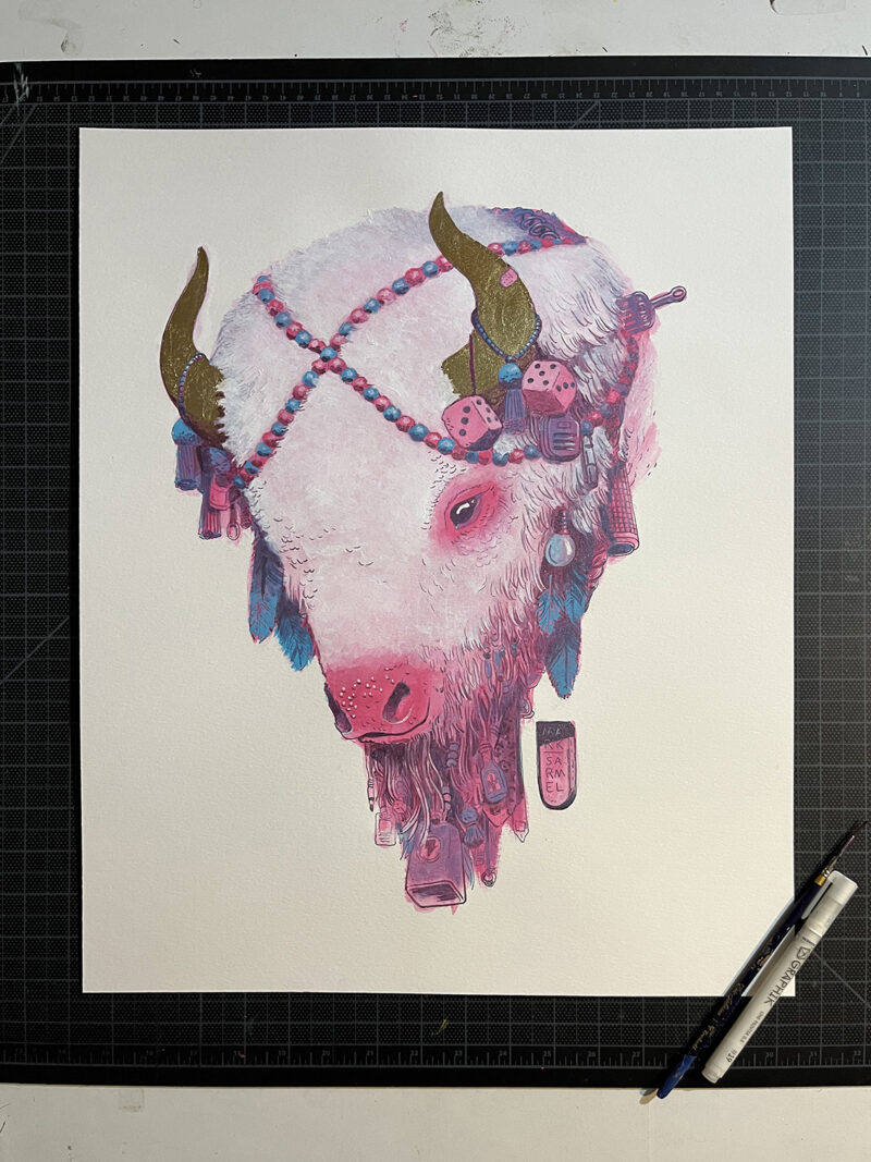A studio image of the Sacred Buffalo painting. It is a 16"x20" acrylic, India ink and gold leaf painting on Strathmore cold press watercolor paper.