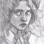 Pencil drawing of a young girl wearing a locket and Edwardian clothes with a luna moth friend.