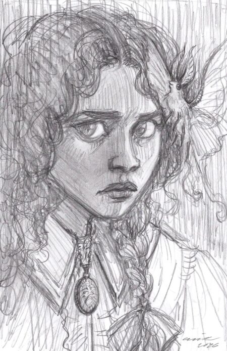 Pencil drawing of a young girl wearing a locket and Edwardian clothes with a luna moth friend.
