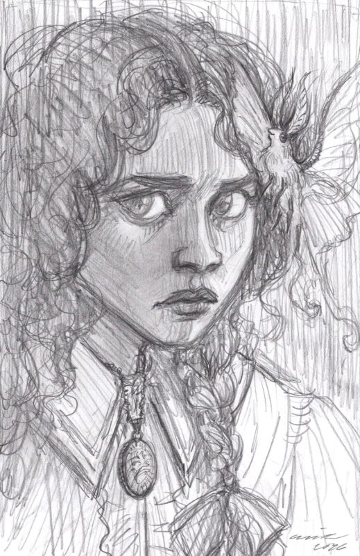 Pencil drawing of a young girl wearing a locket and Edwardian clothes with a luna moth friend.