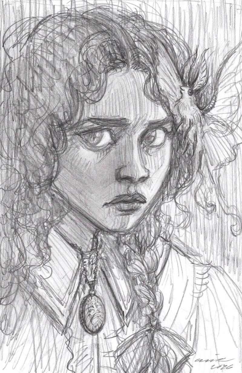 Pencil drawing of a young girl wearing a locket and Edwardian clothes with a luna moth friend.