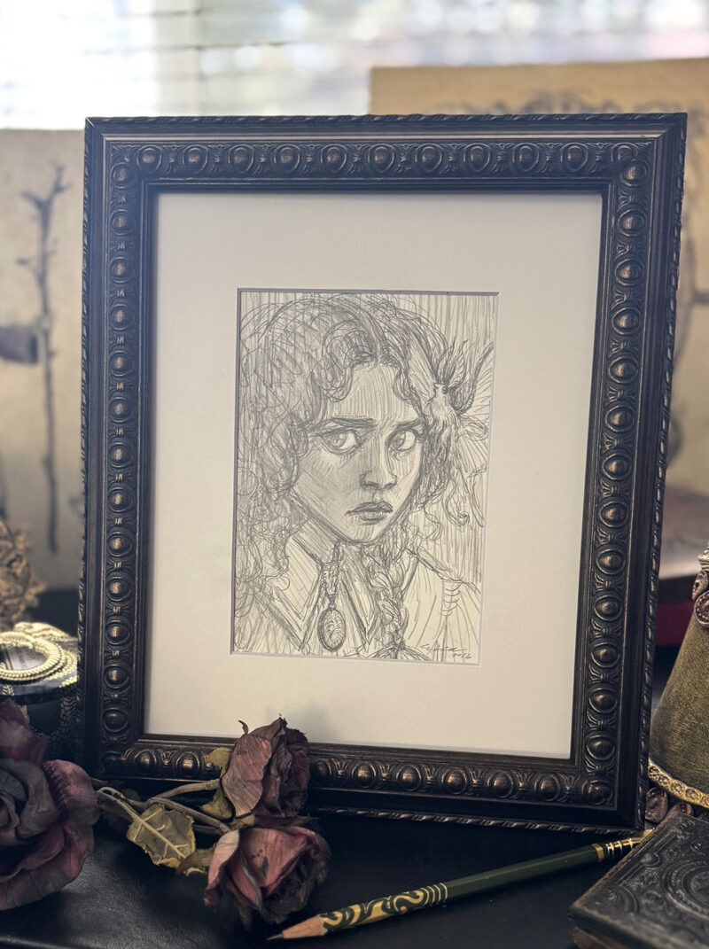 Closer crop studio shot of framed and matted drawing