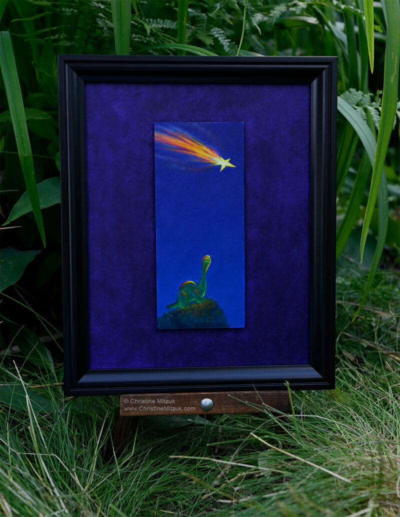 front view of a framed oil painting of a green gummie candy brontosaurus standing on a grassy hill at night staring up into a deep blue sky at a falling star on a purple background photographed in a garden