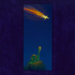 oil painting of a green gummie candy brontosaurus standing on a grassy hill at night staring up into a deep blue sky at a falling star on a purple background