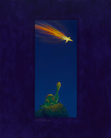 oil painting of a green gummie candy brontosaurus standing on a grassy hill at night staring up into a deep blue sky at a falling star on a purple background