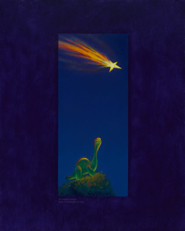 oil painting of a green gummie candy brontosaurus standing on a grassy hill at night staring up into a deep blue sky at a falling star on a purple background