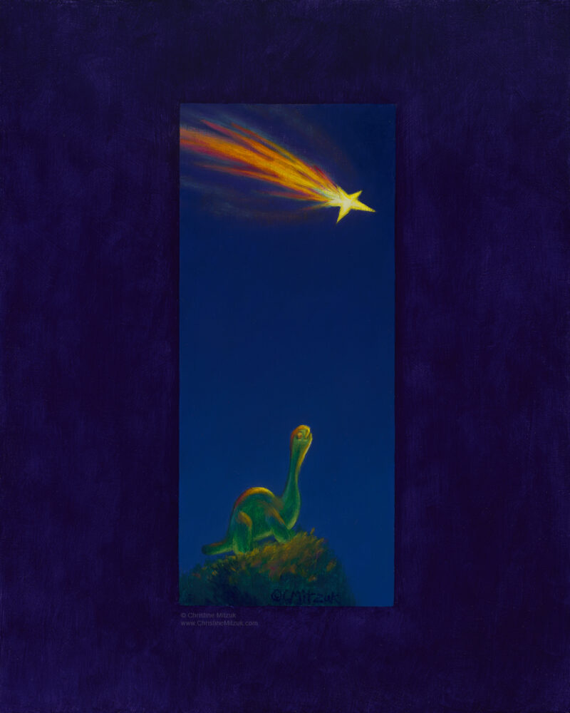 oil painting of a green gummie candy brontosaurus standing on a grassy hill at night staring up into a deep blue sky at a falling star on a purple background