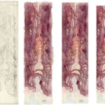 four work in progress of the painting and how the final image was cut from a larger piece to keep edges from being white.