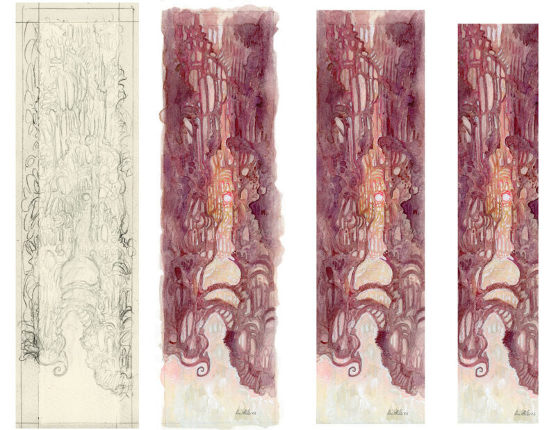 four work in progress of the painting and how the final image was cut from a larger piece to keep edges from being white.