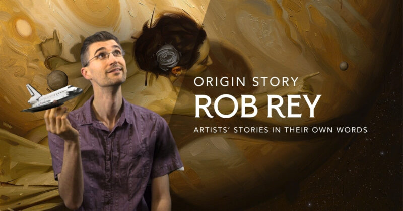origin story for rob rey. rob holding a toy space shuttle. background is his painting of a woman reaching over a planet to touch a celestial sphere