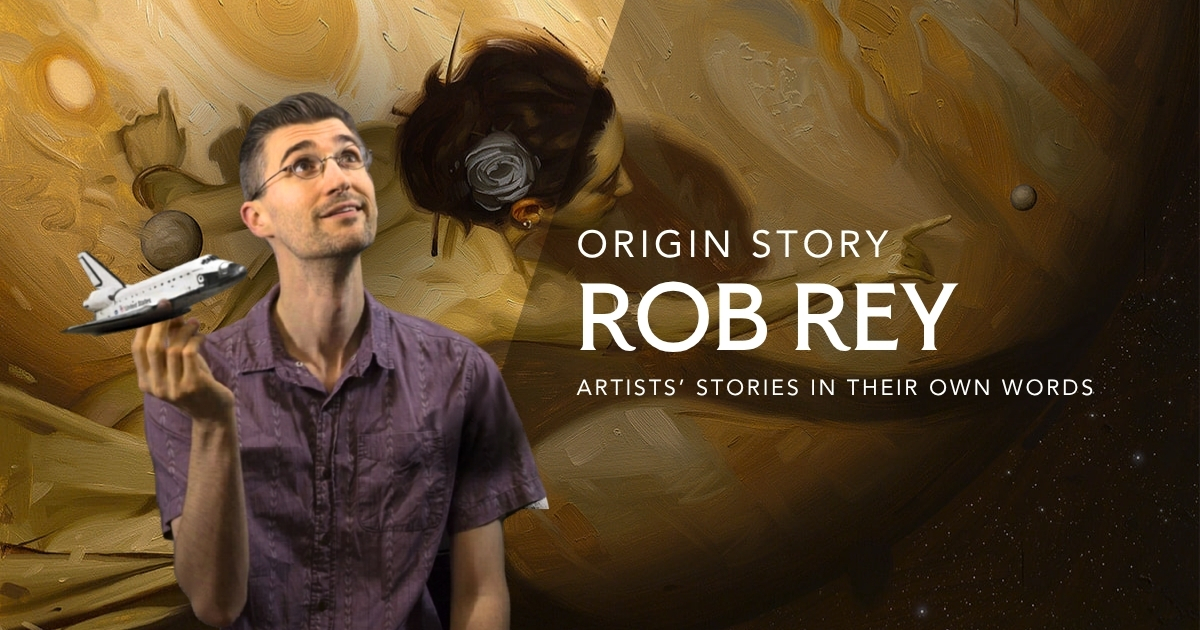 origin story for rob rey. rob holding a toy space shuttle. background is his painting of a woman reaching over a planet to touch a celestial sphere
