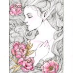 Scan of an ink drawing. A female representing figure is calmly closing her eyes relaxing. Her hand on her chest. Her hair flows all around her. 5 peonies are scattered on the left and bottom side of the drawing.