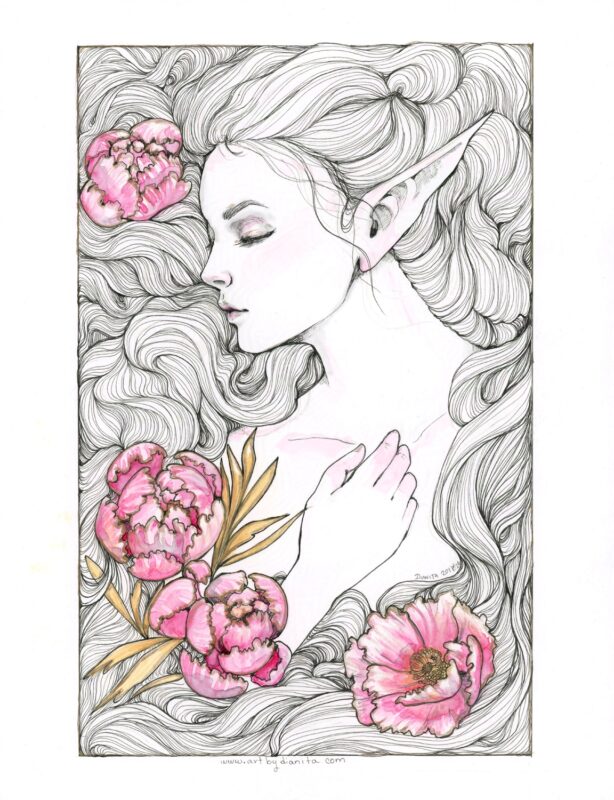 Scan of an ink drawing. A female representing figure is calmly closing her eyes relaxing. Her hand on her chest. Her hair flows all around her. 5 peonies are scattered on the left and bottom side of the drawing.
