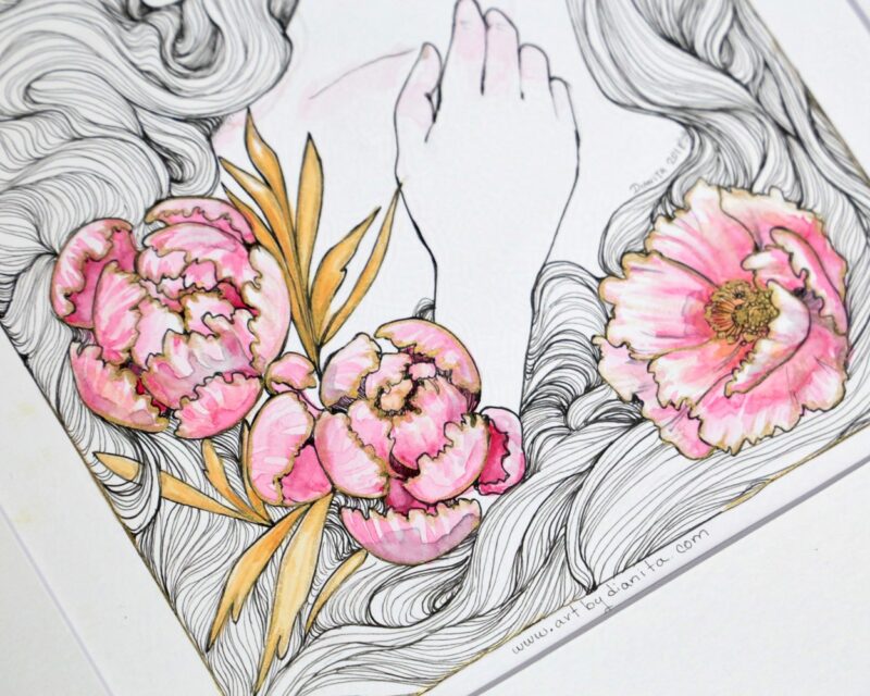 Close-up of a drawing. It shows the metallic outline I painted on the peonies. It shows the drawing at an angle so it can reflect the light.