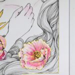 Close-up of a drawing. It shows the metallic outline I painted on the peonies. It shows the drawing at an angle so it can reflect the light.