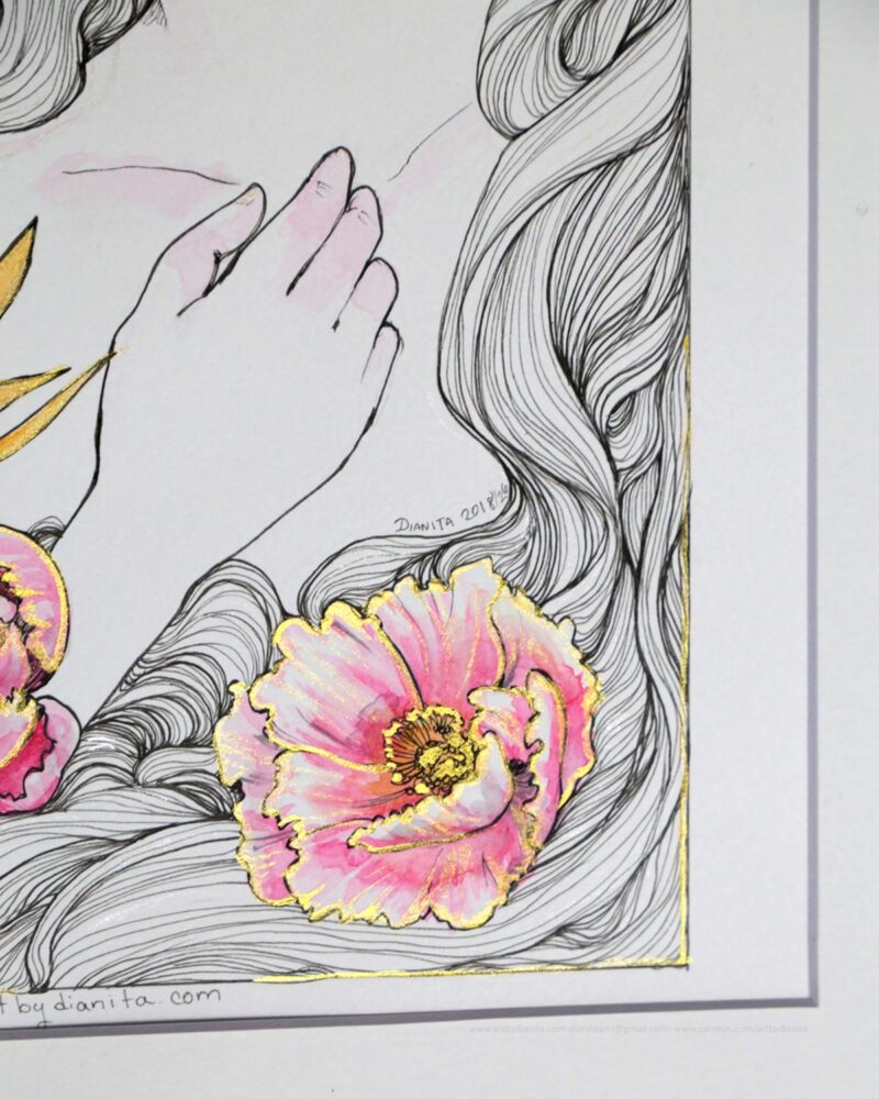 Close-up of a drawing. It shows the metallic outline I painted on the peonies. It shows the drawing at an angle so it can reflect the light.