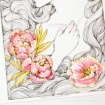 Close-up of a drawing. It shows the metallic outline I painted on the peonies. It shows the drawing at an angle so it can reflect the light.