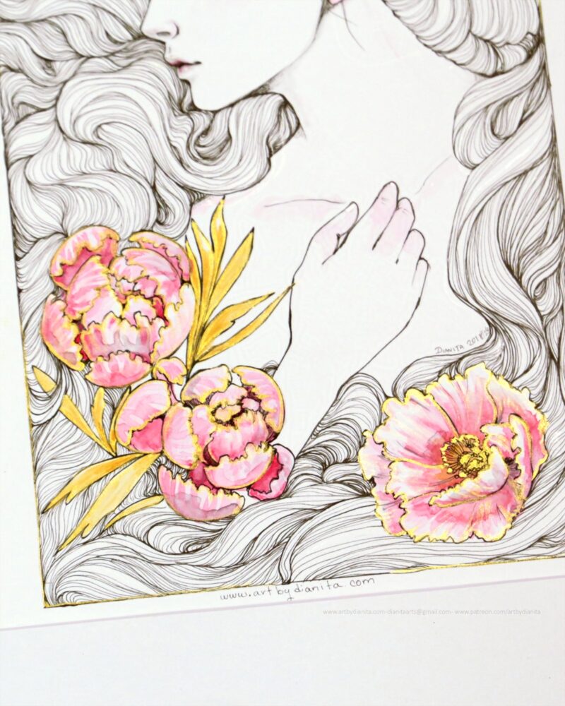 Close-up of a drawing. It shows the metallic outline I painted on the peonies. It shows the drawing at an angle so it can reflect the light.