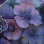 Close-up detail of purple and blue flowers from Key Within, an original symbolic oil painting by Mary Ancilla Martinez exploring inner wisdom, transformation, and self-discovery.
