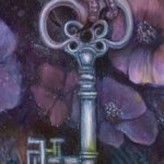 Close-up detail of the silver key and delicate flowers from Key Within, an original symbolic oil painting by Mary Ancilla Martinez exploring inner wisdom, intuition, and self-discovery.
