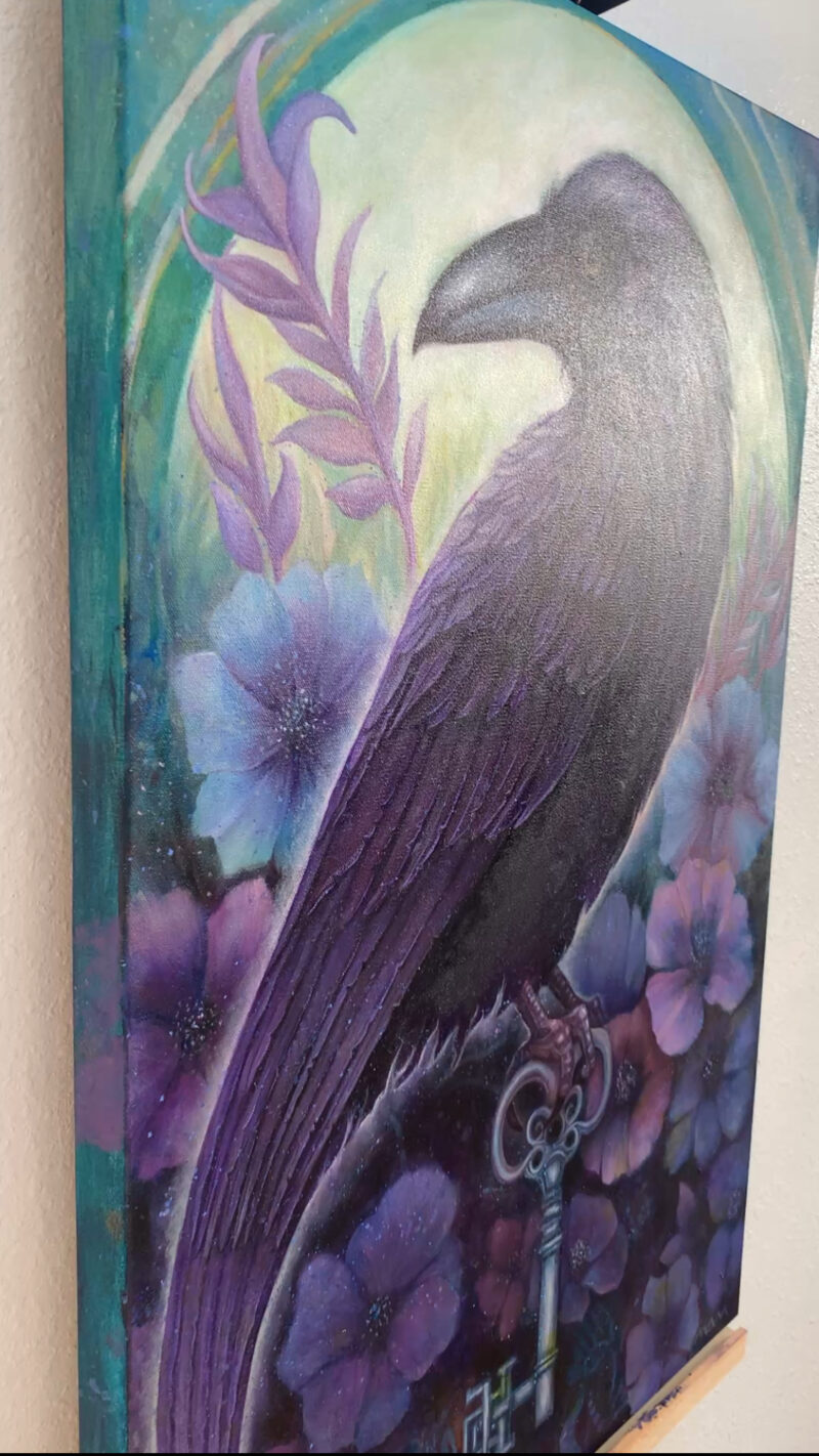 Side view of Key Within, an original symbolic oil painting by Mary Ancilla Martinez showing the depth, dimensional qualities, and physical presence of the artwork.