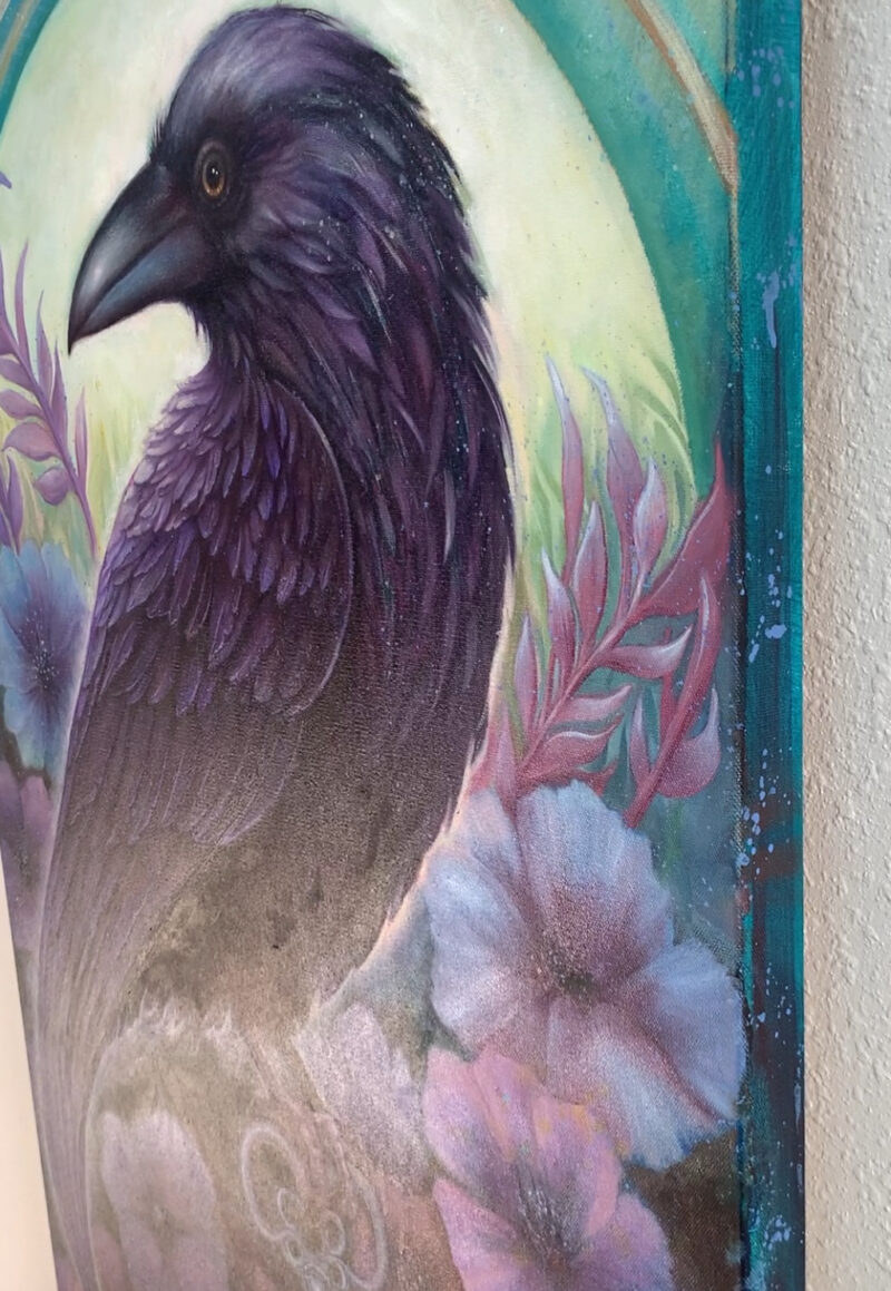 Alternate side view of Key Within, an original symbolic oil painting by Mary Ancilla Martinez showing the artwork’s dimensional form and presentation from another angle.