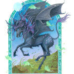A dark Pegasus lifts off of a rocky terrain. Luna moths surround her.