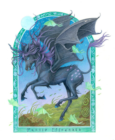 A dark Pegasus lifts off of a rocky terrain. Luna moths surround her.
