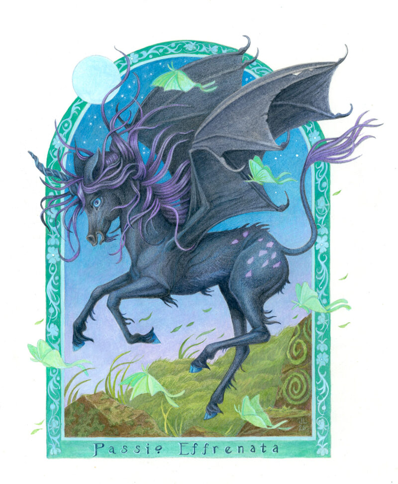 A dark Pegasus lifts off of a rocky terrain. Luna moths surround her.
