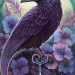 Full view of Key Within, an original symbolic oil painting by Mary Ancilla Martinez featuring a raven holding a silver key surrounded by flowers and moon imagery.