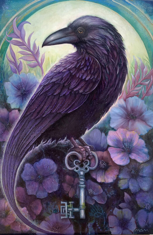 Full view of Key Within, an original symbolic oil painting by Mary Ancilla Martinez featuring a raven holding a silver key surrounded by flowers and moon imagery.