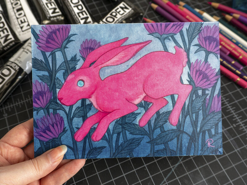 A painting of a pink hare surrounded by purple bee balm bergamot flowers.