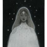 A painting of a feminine figure in white clothing, a star on her forehead, and silver and glittery details. The figure is placed against a dark background with stars.